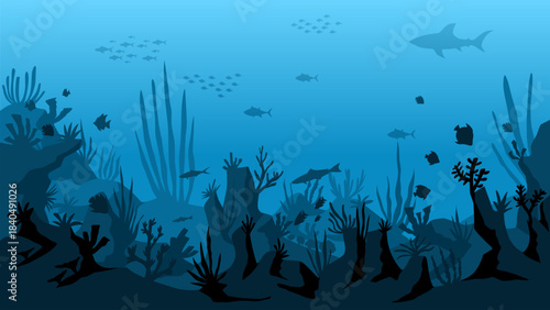 Underwater landscape illustration with coral reef and fish