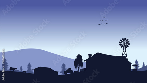 Countryside landscape illustration with farmhouse and rural scene
