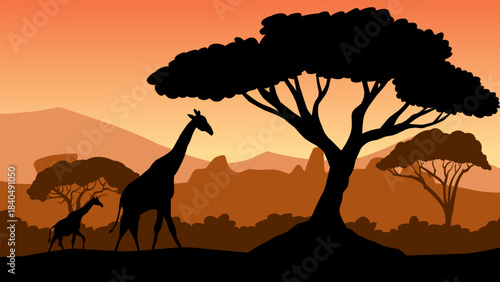 African wildlife landscape illustration with giraffe in savanna