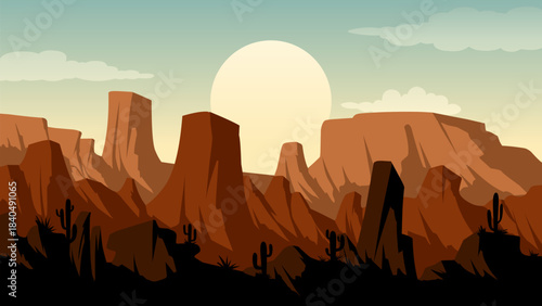 Desert landscape illustration with cacti and buttes rock formations