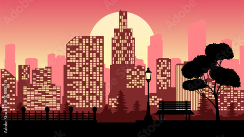 Cityscape illustration with city park and skyline buildings