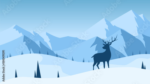 Wildlife landscape illustration with reindeer and winter mountain