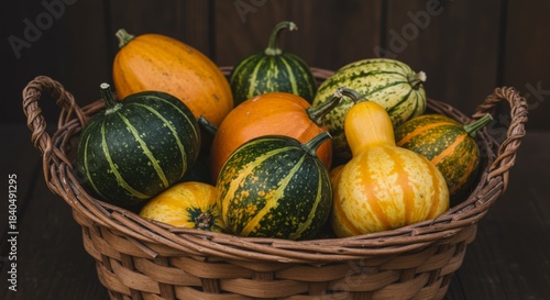 Colorful Gourds in a Wicker Basket Autumn Harvest