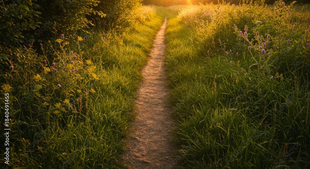 Fototapeta premium Sunset Path Through Lush Green Field