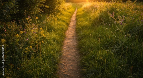 Sunset Path Through Lush Green Field