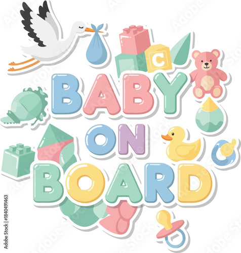 Sweet Baby On Board Vector Illustration With Stork And Flowers