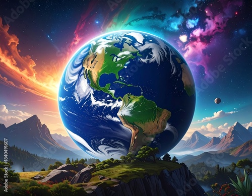 A vibrant, detailed illustration shows Earth floating above a mountainous landscape with a colorful nebula and starlit sky