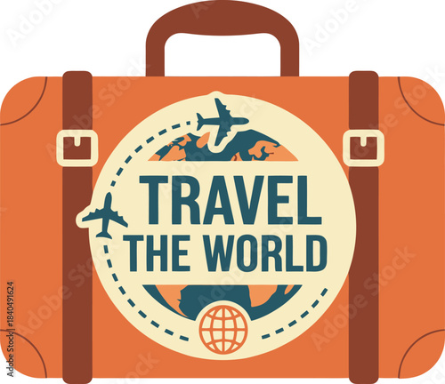 Vintage Travel The World Suitcase Vector Badge With Globe Map