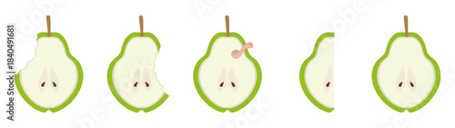 Vector set of five pears in different conditions: whole, bitten, sliced and with a worm inside.
