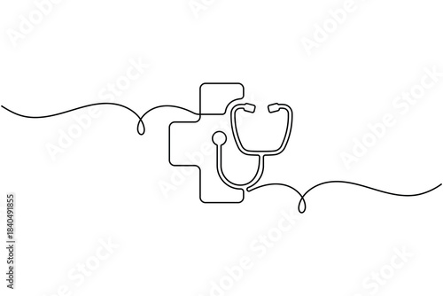 Continuous line drawing of a medical cross and stethoscope, symbolising healthcare and wellness.