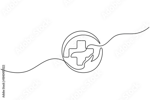Continuous line art drawing of medical cross icon with hands. health care symbol concept