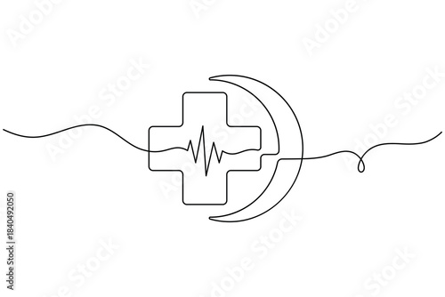Continuous line drawing: medical cross, heartbeat, crescent moon, global healthcare, unity, care