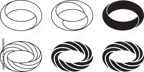 Six Circular Abstract Geometric Designs in Black and White Showing Aperture or Swirl Effects Keywords: abstract, geometric, circle, design