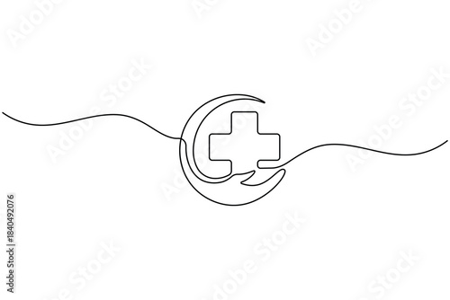 Continuous line art of medical cross within a caring hand symbol. health, wellness, support and medicine concept.