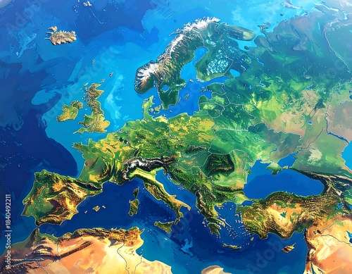 A vibrant, detailed map depicts the European continent with varying terrain textures, highlighting mountain ranges, seas, and coastlines