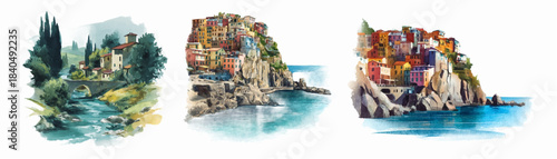 Watercolor coastal landscapes showcase Italian Amalfi and Mediterranean riviera towns with vintage travel poster design and scenic coastline illustrations perfect for decoration