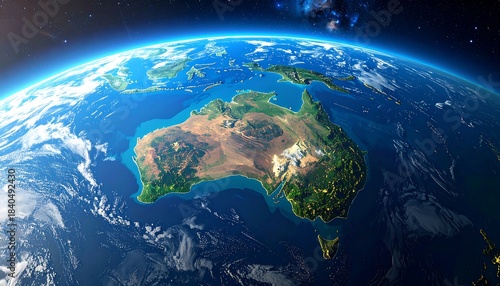 A vibrant, detailed image of Earth, specifically showcasing the Australian continent, surrounded by the blue expanse of space and wispy clouds