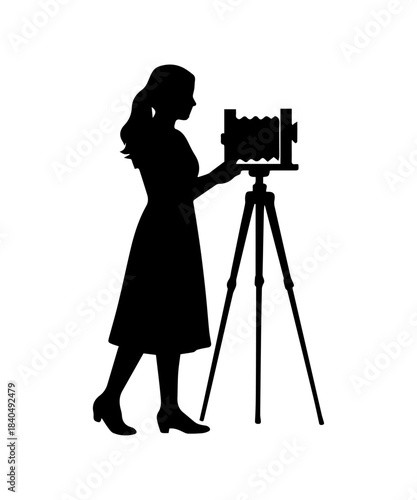 Female photographer with old vintage camera icon. Simple cameraman silhouette.