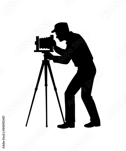 Photographer with old vintage camera icon. Simple cameraman silhouette.