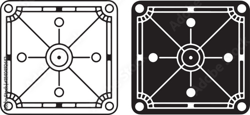Square Compass Rose Design in Outline and Silhouette on White Background navigation direction