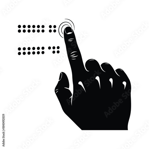 Black silhouette of finger touching braille dots reading