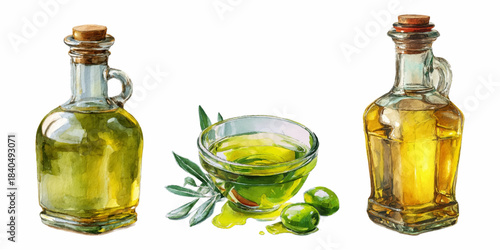 Watercolor olive oil bottle set with golden drops and botanical branches. Cooking liquid illustration featuring vegetable oil in vintage engraving style on white background.