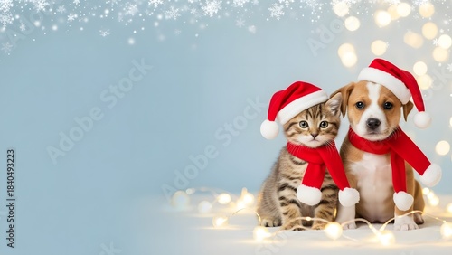 Cute and happy of a small silver tabby kitten and a little Jack Russell puppy sitting side-by-side on a seamless blue background. Natal copyspace