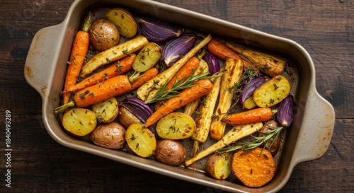Roasted Root Vegetables with Herbs in a Rustic Pan