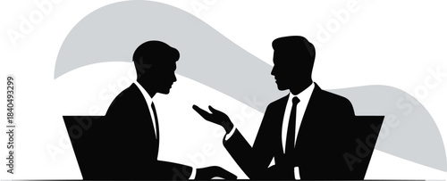 Mentor coaching a junior employee, flat black vector silhouette