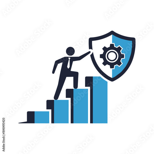Businessman climbing stairs towards shield with gear icon 1