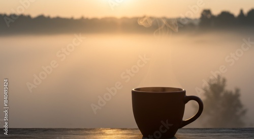 Warm Mug of Coffee at Sunrise Over Foggy Landscape