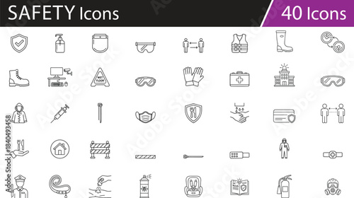 Black line vector icons set illustrating personal protective equipment, hygiene, emergency response, and workplace safety, ideal for health awareness, industrial safety, medical protocols