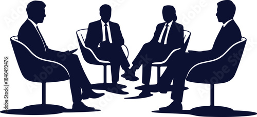 Panel discussion with three speakers sitting on chairs, vector silhouette