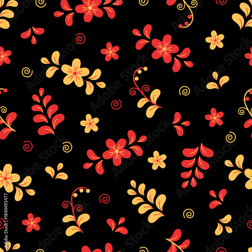 Seamless pattern of abstract patterns of flowers and plants. Cartoon traditional Slavic pattern background.