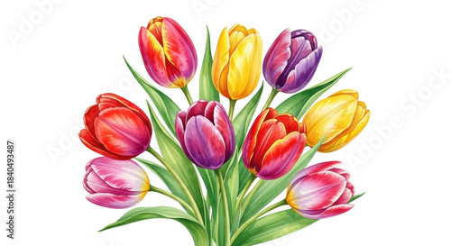 Watercolor bouquet of colorful tulips on black background