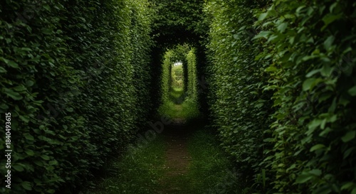 Green Hedge Tunnel Path in Lush Garden