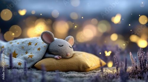 Petite souris endormie sur un coussin doré dans une atmosphère féérique
