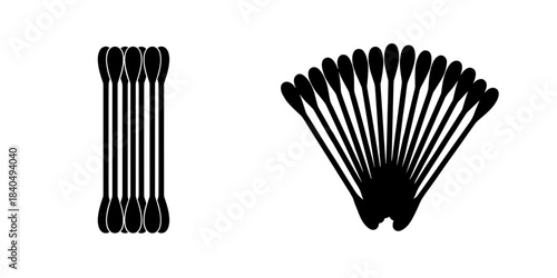 Cotton swabs arranged in vertical and fan formations on white background  