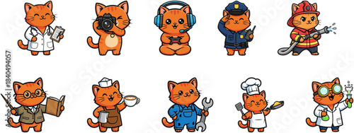 Set of Cute Ginger Cat Professional Occupations