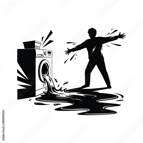 Man overwhelmed by washing machine flood water overflowing 1