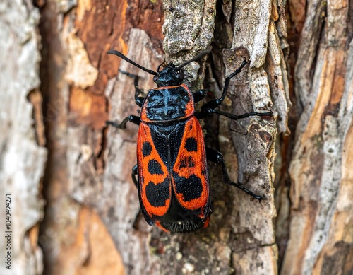 A vibrant, detailed photograph showcases an insect, its body a striking blend of red and black, clinging to textured bark
