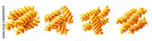 Italian pasta collection with fusilli spirals and macaroni shapes. Watercolor illustration set of Mediterranean noodles, raw dough types, and culinary icons for packaging design.