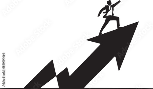 Businessperson standing on top of arrow symbol of growth, flat black vector silhouette