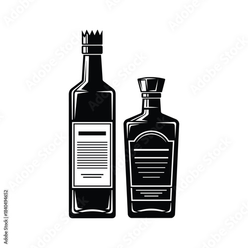 Two black bottles with labels and crown cap on white