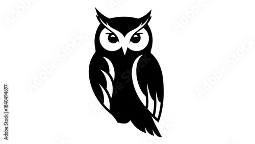 Stylized Black Owl Silhouette with White Eyes and Feather Details.