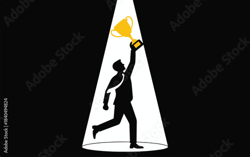 Employee holding a trophy celebrating achievement, solid black vector silhouette