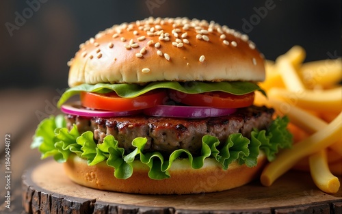 Close-up of tasty homemade beef burger and salad on rustic wooden background. Fast food and junk food. Concept generated in Ai. High quality