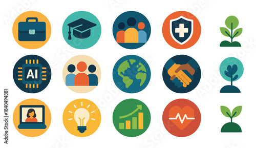 Flat Circle Icons Set – Business, Education, AI, Health, Growth & Sustainability