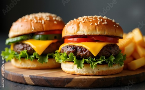two burgers with cheese and potatoes,. High quality