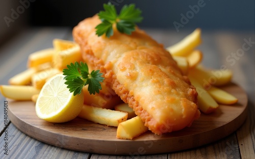 Classic fish and chips served with lemon and parsley on a wooden board. High quality
